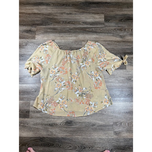 Unique Spectrum Blouse Womens 2X Tan White Orange Floral Button Decor Tie Sleeve - Picture 7 of 7